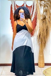 VESTIDO BICOLOR - OUTONO-LINHO - PRETO