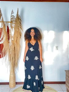 VESTIDO LAÇO - OUTONO-CREPE BORDADO- PRETO