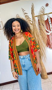 KIMONO  - FLOR DO SERTÃO -LARANJA E VERDE - VISCOSE PRÉ LAVADO