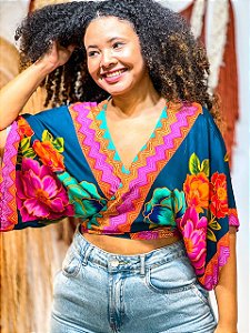 CROPPED MORCEGO - FLORES- ROSA E AZUL -VISCOSE PRÉ LAVADO