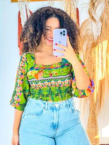 BLUSA PRINCESA - LÍDIA - BOHO - COR PREDOMINANTE- VERDE E LARANJA -VISCOSE PRÉ LAVADO