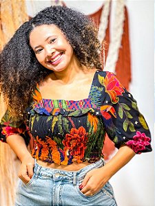 BLUSA PRINCESA - LÍDIA - BOHO - COR PREDOMINANTE- VERMELHO  -VISCOSE PRÉ LAVADO