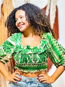 BLUSA PRINCESA - LÍDIA - BOHO - COR PREDOMINANTE- VERDE E BRANCO-VISCOSE PRÉ LAVADO