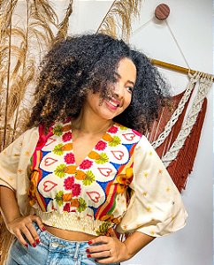 CROPPED LÍDIA  - BOHO - BRANCO -VISCOSE PRÉ LAVADO