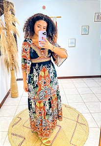 VESTIDO BEATRIZ - BOHO -COR PREDOMINANTE- PRETO- VISCOSE PRÉ LAVADO