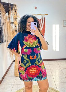 VESTIDO GOLINHA- BOHO -AZUL -VISCOSE PRÉ LAVADO