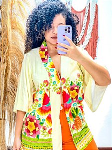 KIMONO  - FLOR DO SERTÃO -BRANCO COM FLORES- VISCOSE PRÉ LAVADO