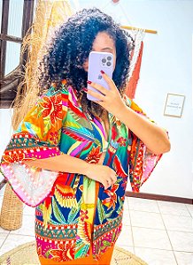 KIMONO  - FLOR DO SERTÃO -LARANJA - VISCOSE PRÉ LAVADO