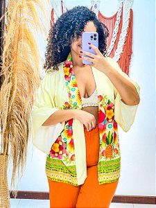 KIMONO  - FLOR DO SERTÃO -BRANCO COM FLORES- VISCOSE PRÉ LAVADO