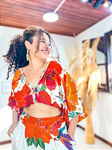 BLUSA RENDA  - PRAIA URBANA -OFF COM DETALHES COLORIDOS - VISCOSE PRÉ LAVADO
