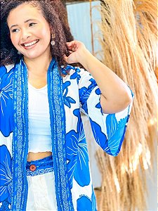 KIMONO  - SOL DE VERÃO-AZUL - VISCOSE PRÉ LAVADO
