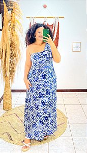 VESTIDO MAIA - AZULEJOS - GRÉCIA- AZUL-FLUITY POLIAMIDA