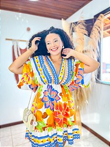 VESTIDO MORCEGO CURTO- ALTO VERÃO- CAJU AMARELO-VISCOSE PRÉ LAVADO ,GRAMADURA 140