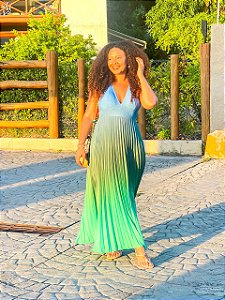 VESTIDO PLISSADO - AZUL-ALTO VERÃO -100% POLIÉSTER