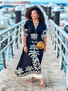 VESTIDO MELINA -G- BORDADO - PRETO E BEGE - SOL DE VERÃO - VISCOSE PRÉ LAVADA