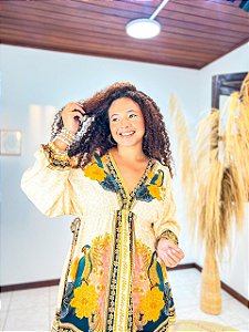 VESTIDO CECÍLIA- FLOR DE OUTONO-AMARELO - VISCOSE PRÉ LAVADO