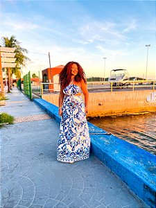 VESTIDO JÚLIA - ALÇA- AZULEJOS - CIDADE DOS AZULEJOS - AZUL -FLUITY POLIAMIDA