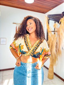 CROPPED MORCEGO- FLOR DE OUTONO-AMARELO - VISCOSE PRÉ LAVADO
