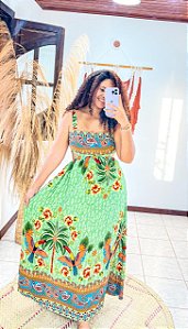 VESTIDO ANY - ALÇA- MÍDI- FLOR DE OUTONO- VERDE - VISCOLINHO