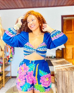 CONJUNTO ISADORA - OUTONO- AZUL -VISCOSE PRÉ LAVADO ,GRAMADURA 140