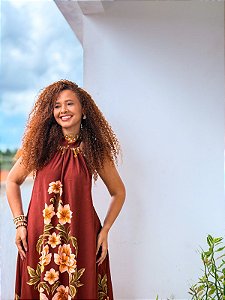 VESTIDO SUZANE-G- FLORECER -MARROM- VISCOSE PRÉ LAVADO