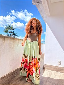 VESTIDO FLORECER - BRASILIDADE -VERDE -VISCOSE PRÉ LAVADO