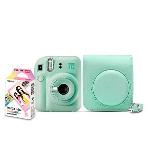 Kit Câmera Instax Mini 12 Verde com 10 fotos Macaron e Bolsa