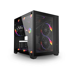 GABINETE GAMER AQUARIO FORCEFIELD BLACK VULCAN - FRONTAL E LATERAL EM VIDRO - PCYES - GFFBVP