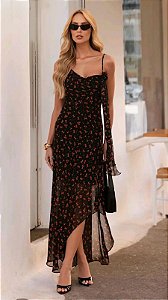 VESTIDO LONGO DE CREPE FLORAL PRETO COM FENDA SSSIMÉTRICA