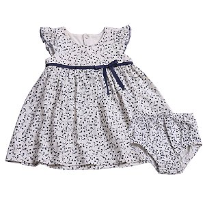 Vestido Bebê Raminhos Cru Azul Marinho Meia Malha 100% Algodão