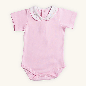Body Bebê Menina Gola Bordada Manga Curta Rosa Suedine 100% Algodão