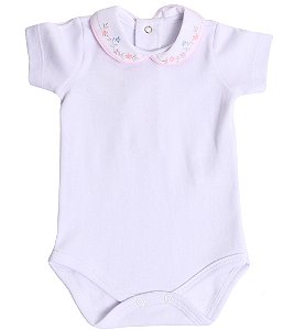 Body Gola Bordada Manga Curta Branco Feminino Suedine 100% Algodão Premium