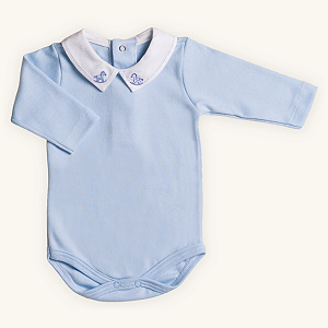 Body Bebê Menino Gola Bordada Manga Longa Azul Suedine 100% Algodão