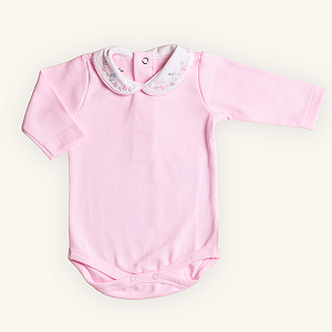 Body Bebê Menina Gola Bordada Manga Longa Rosa Suedine 100% Algodão