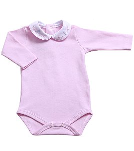 Body Gola Bordada Manga Longa Rosa Suedine 100% Algodão Premium Feminino