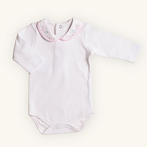 Body Bebê Menina Gola Bordada Manga Longa Branco Suedine 100% Algodão