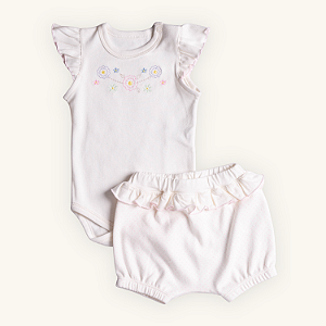 Conjunto Body e Shorts Bebê Flor Pois em Suedine Premium 100% Algodão