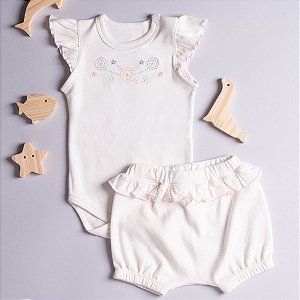 Conjunto Body e Shorts Bebê Flor Pois em Suedine Premium 100% Algodão