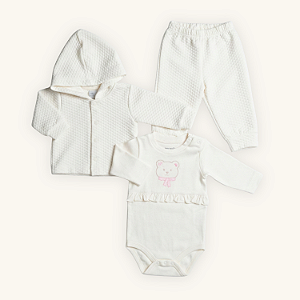 Conjunto Body Bebê 3 Peças em Suedine 100% Algodão e Matelassê Premium
