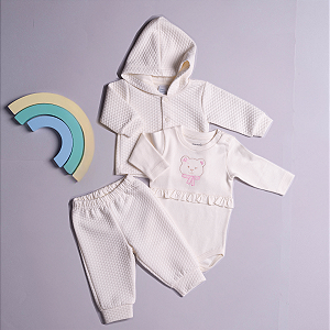 Conjunto Body Bebê 3 Peças em Suedine 100% Algodão e Matelassê Premium