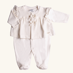 Macacão Vestido Bebê Tricozinho em Suedine 100% Algodão e Malha Tricot