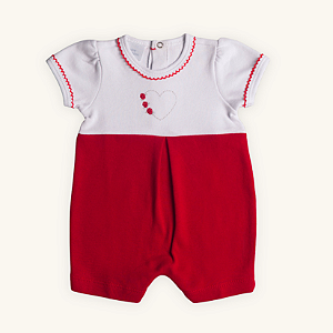 Macaquinho Bebê Romper Coração e Flores Branco e Vermelho Suedine Premium 100% Algodão