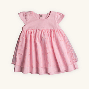 Vestido Bebê Tule Corações Rosa em Meia Malha Premium 100% Algodão