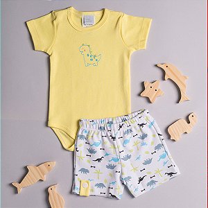 Conjunto Body e Short Bebê Dinossauro Suedine Premium 100% Algodão