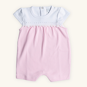 Macaquinho Bebê Romper Brilho Rosa e Branco Suedine 100% Algodão Nobre