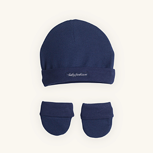 Kit Touca e Luvas Bebê Azul Marinho em Suedine Premium 100% Algodão