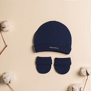 Kit Touca e Luvas Bebê Azul Marinho em Suedine Premium 100% Algodão