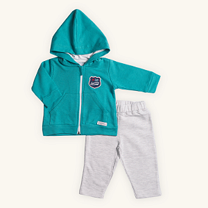 Conjunto Infantil Menino Capuz Sporting Verde e Cinza Mescla Moletom
