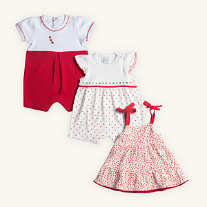 Kit Bebê Menina 2 Macaquinhos Romper e 1 vestido Suedine 100% Algodão