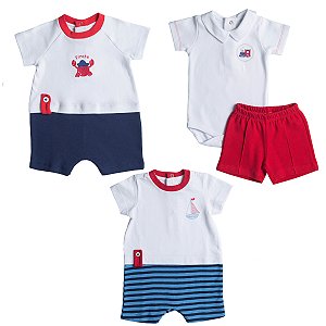 Kit Bebê Menino Verão 2 Romper Bebê e Conjunto Body e Short Suedine